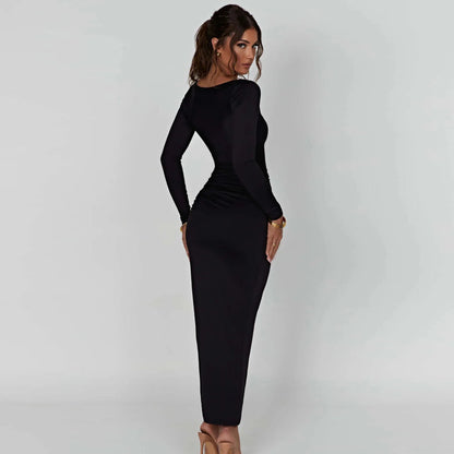 Long Sleeve Ruched High Split Maxi Dress Women Square Collar Drawstring Bodycon Sexy Party Long Dress Elegant Autumn