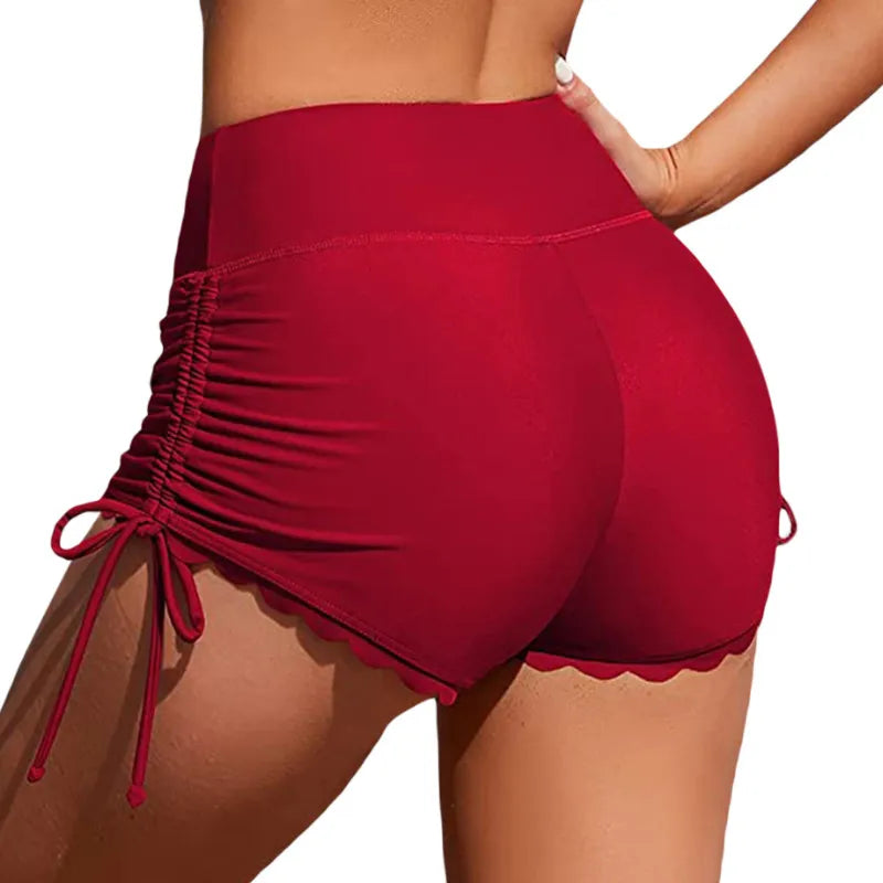 Women Swim Shorts, High Waist Drawstring Wavy Hem Solid Summer Bathing Surfing Bottoms