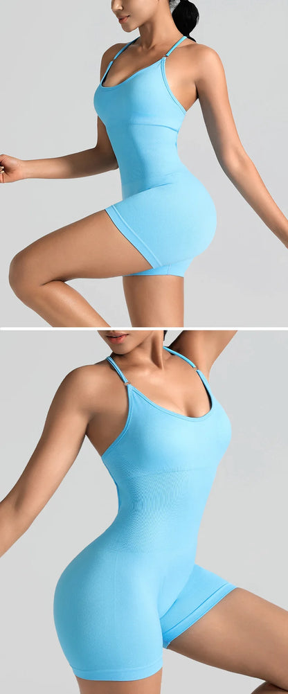 Women Bodysuits Hip Lift One Pcs Short Sport Yoga Rompers Sexy Backless Lace Bandage Skinny Sporty Wear Playsuits XHFZ-BX001