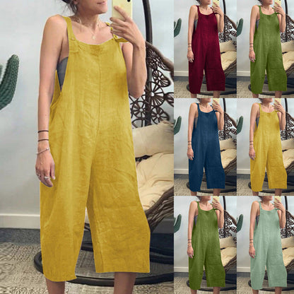 Women's Summer Jumpsuits Linen Overalls Casual Suspender Rompers Solid Wide Leg Pants Ladies Short Pants Buttons With Pocket