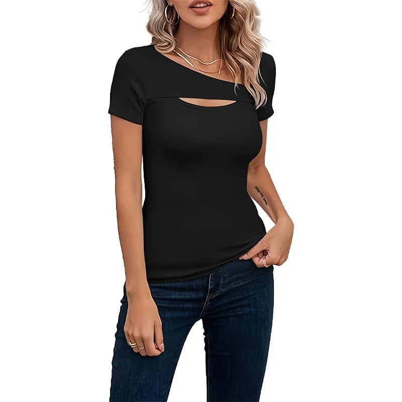 Womens Fashion Summer Clothes One Piece Cutout Tops Long Sleeve Ribbed Slim Fitted Shirts Tee Tshirts