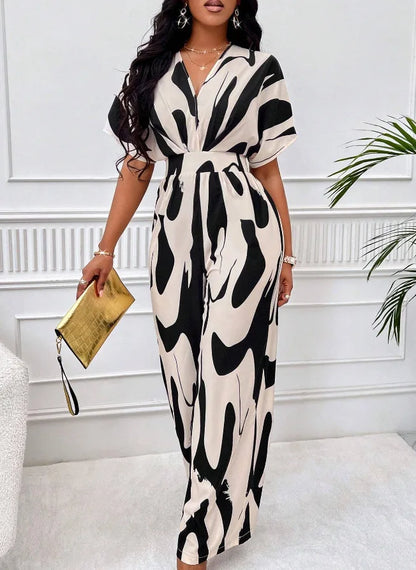 Sexy sleeveless women's V-neck jumpsuit, elegant suit with tight fitting print, one-piece, suitable for spring/summer 2024