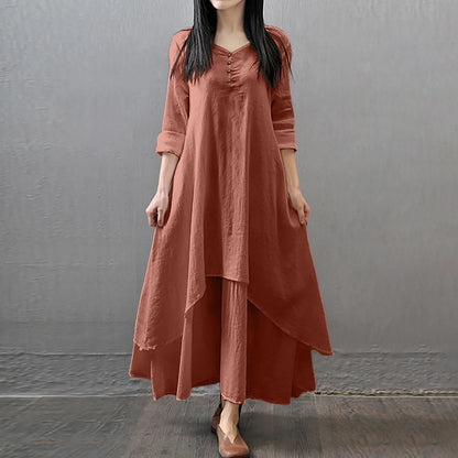 Women Cotton Linen Chic Maxi Dresses Elegant Bohemia Layered Vintage Robe Long Sleeve Loose Dress O Neck Casual White Vestidos