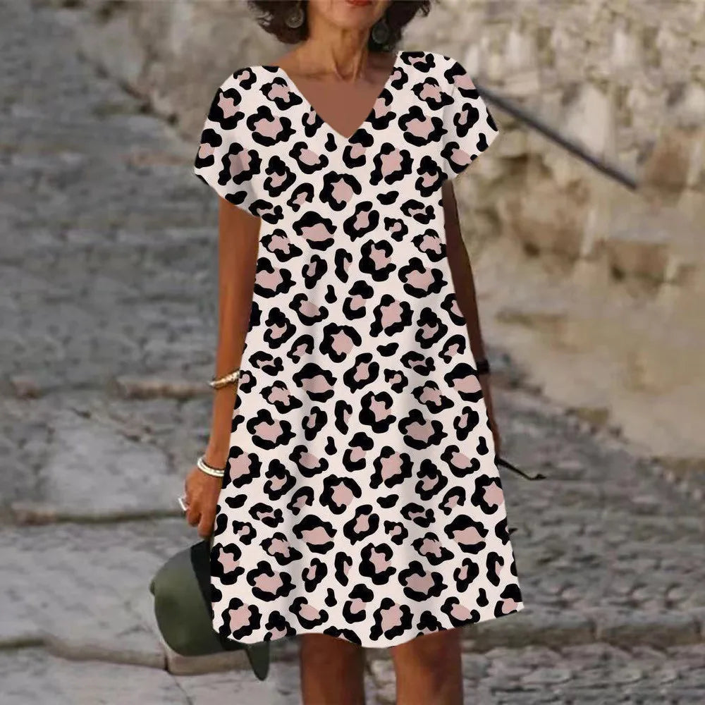 Oversized Summer Women 3D Printed Dress Casual Short Sleeve V-Neck Dress Fashion Elegant Female Sexy Classic Leopard Loose Dress