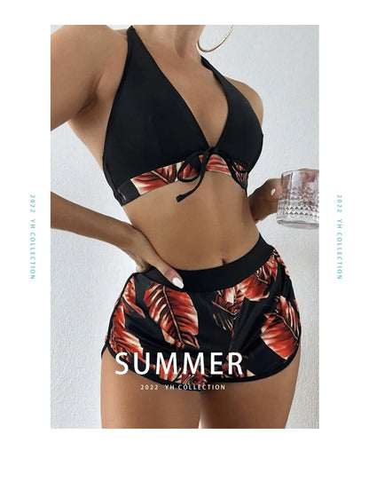 Women 2024 New Bikinis 6 Colors Sexy Halter Bikini 3 Piece Set Leafs Print High Waisted Swimsuit Beach Bathing Suit Size S-XXL