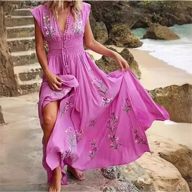 2024 New Summer Women's Deep V-neck Beach Bohemian Print Dress Ladies Sleeveless Sexy High Waist Lace-up Holiday Maxi Dress