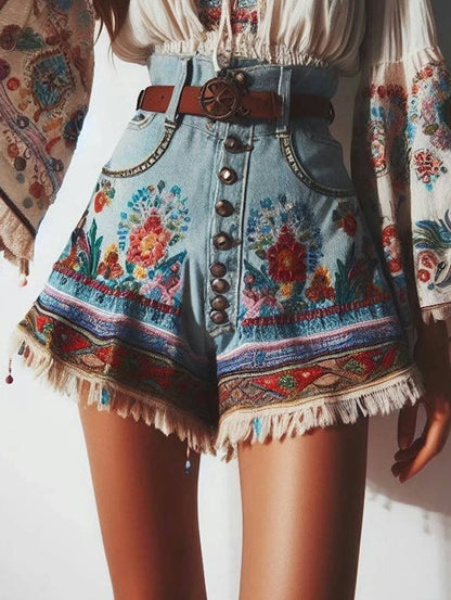 Women's Shorts Fashion High Waisted Tassel Floral Pattern Print Button Design Classic Bohemian Style Women's Pants