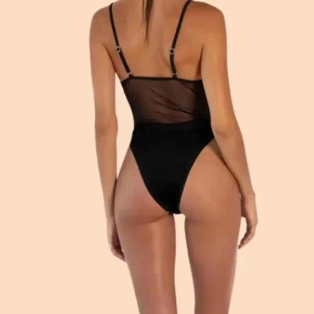 Sexy Women Swimsuit Solid Color Seamless Monokini Sling V-Neck Sleeveless Mesh Splicing One-piece Swimsuit Beach