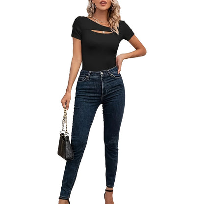 Womens Fashion Summer Clothes One Piece Cutout Tops Long Sleeve Ribbed Slim Fitted Shirts Tee Tshirts