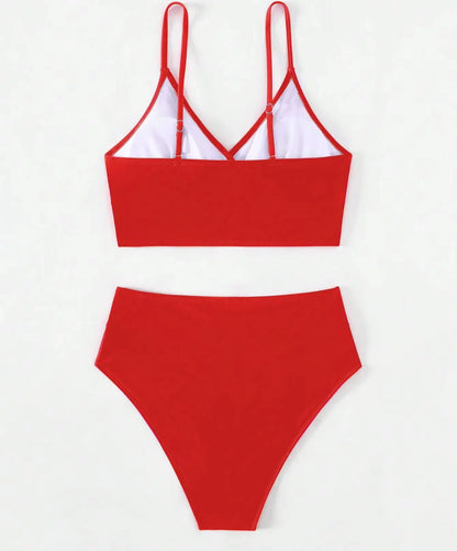 Sexy Cross  Bikini Set Deep V-neck Plain Swimming Suit  Fashion Cross High Waist Pants Sexy Bikini Suit