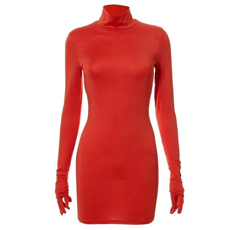 Sexy Women's Bodycon Dresses Long Sleeve Dress Women Mini Dress with Gloves Solid Half Turtleneck Dress Spring Autumn Party Club