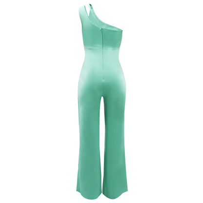 Women Elegant Jumpsuit One Shoulder Vacation Sleeveless Color Overall Bodysuit Clothing High Waist Summer Ladies Jumpsuit