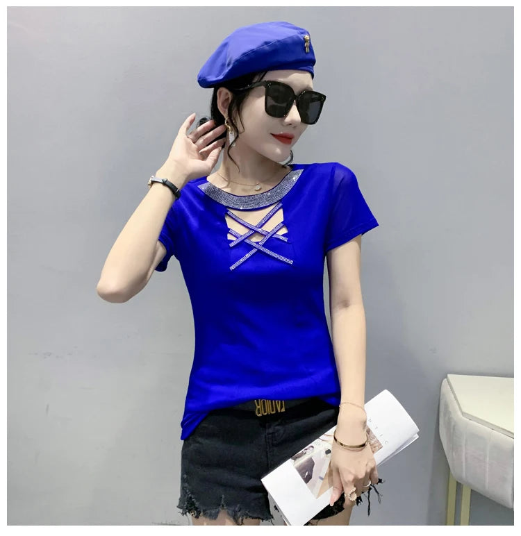 Girls Fake Diamonds O Neck T Shirts Crossed Hollow Out Summer Mesh Tops Lady Stretchy Slim Short Sleeve Chic Tshirt BH5067