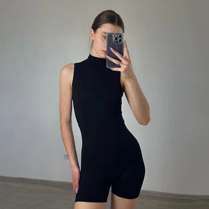 Black Playsuits Women Summer Fashion Bodycon Sleeveless Turtleneck Solid Rompers Casual Streetwear Sexy Sports Fitness Overall