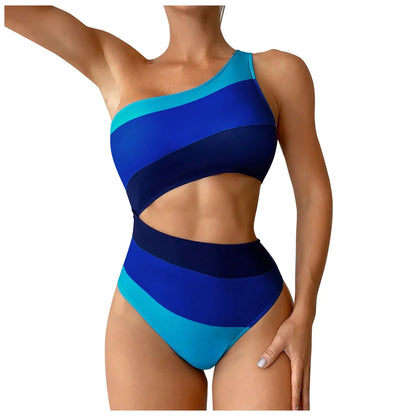 Cutout Color Block Swimwear Women'S Swimsuit One Shoulder Bathing Suit Women 2024 New Beach Strappy Swimwear Bikini