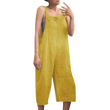 Women's Summer Jumpsuits Linen Overalls Casual Suspender Rompers Solid Wide Leg Pants Ladies Short Pants Buttons With Pocket