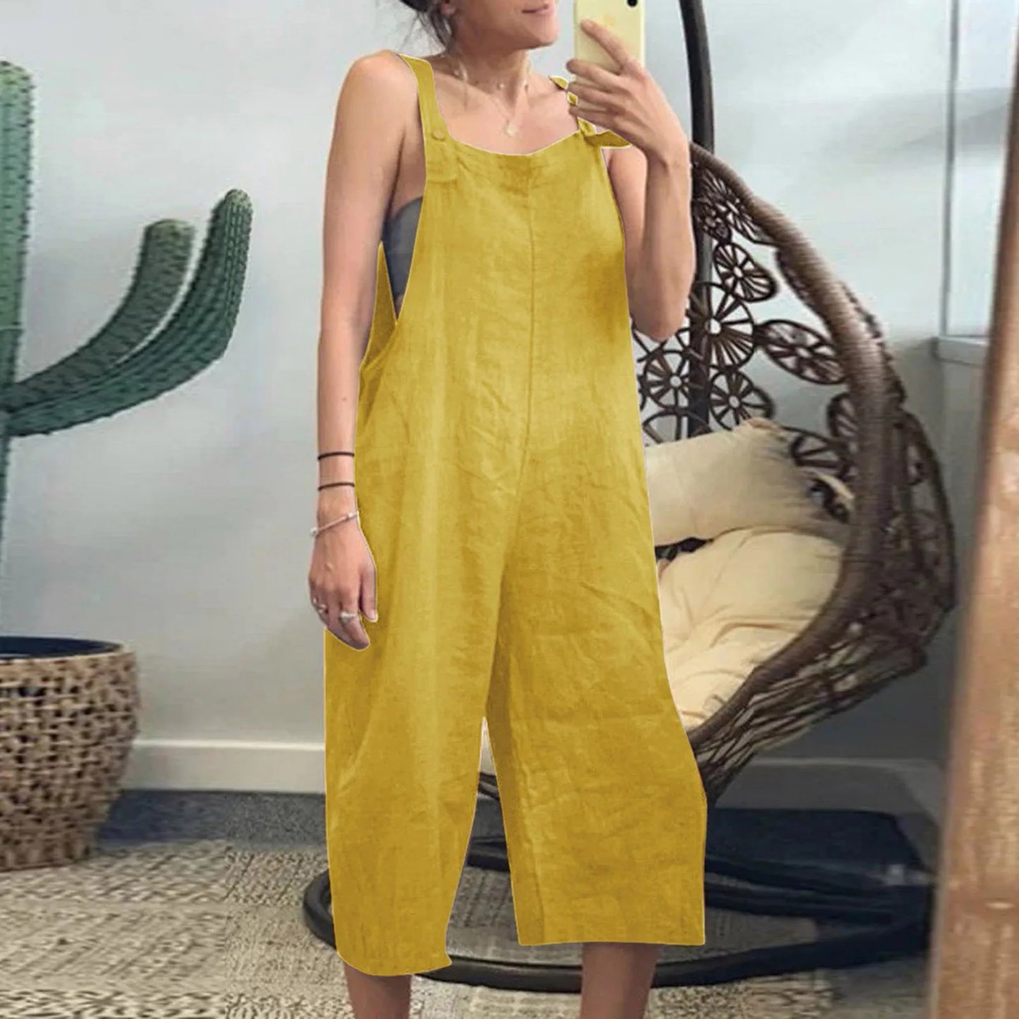 Women's Summer Jumpsuits Linen Overalls Casual Suspender Rompers Solid Wide Leg Pants Ladies Short Pants Buttons With Pocket