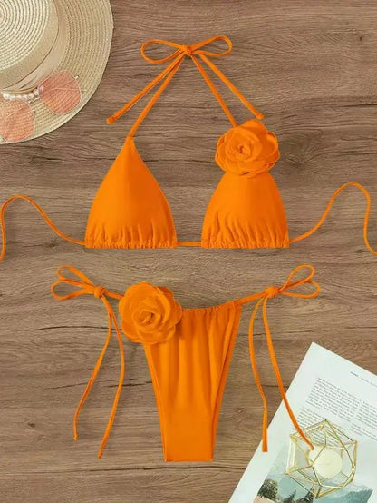 S - L Sexy 3D Flowers Halter Strappy Bikini Women Swimwear Female Swimsuit Two-pieces Bikini Set Bather Bathing Suit Swim