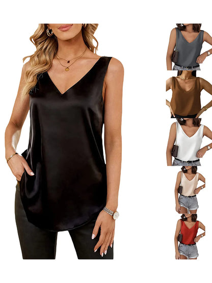 Women's Elegant Silk Satin V Neck Tube Tank Top Solid Sleeveless Camisole Blouse for Summer Basic Cami Tank T Shirt Streetwear