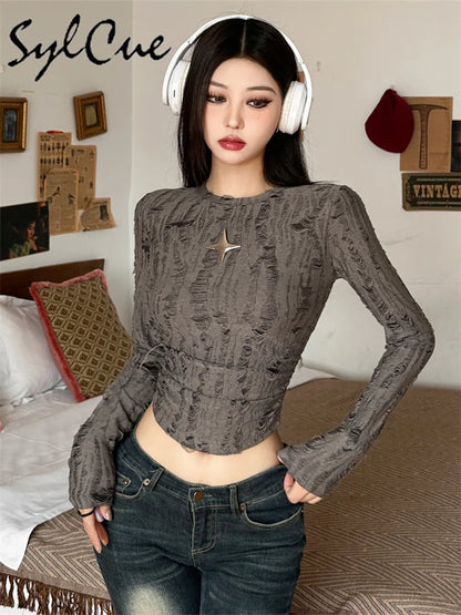 Nibber Vintage Distressed All-match Brown Fashionable Cool Youth Autumn Travel High Street Women Long-sleeved Cropped Mini Top