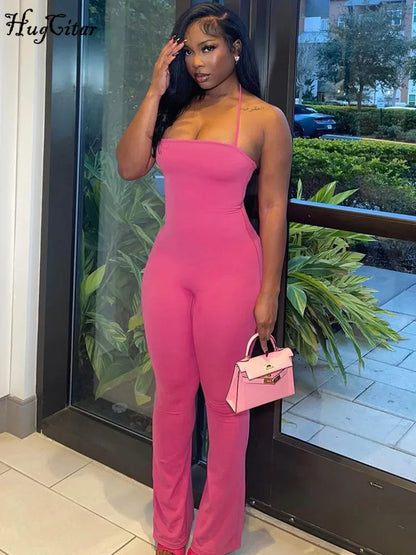 Hugcitar 2024 Spring Halter Solid Sleeveless Backless Sexy Bodycon Flare Pants Jumpsuit Women Casual Rompers Streetwear Festival