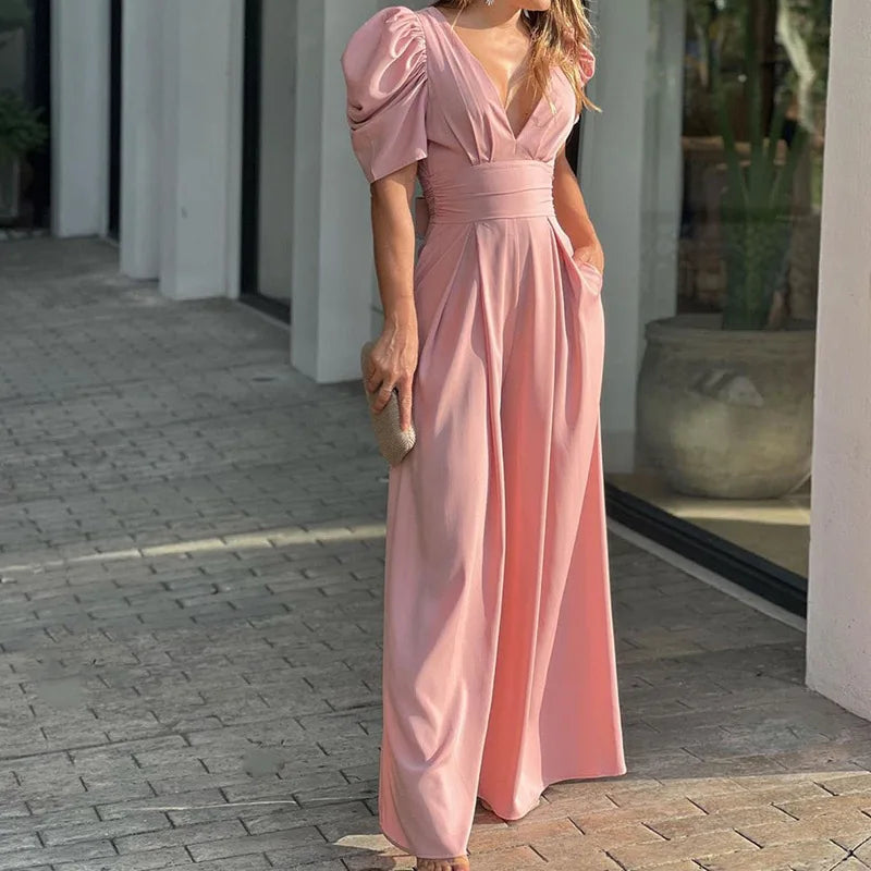 Women's Solid Color Short Sleeved Jumpsuit With V-neck Backless Waisted 2023 Elegant Casual Fashion Women's Wide Leg Jumpsuit