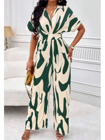 Sexy sleeveless women's V-neck jumpsuit, elegant suit with tight fitting print, one-piece, suitable for spring/summer 2024