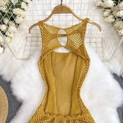 SINGREINY Yellow Sleeveless Jumpsuit Women Hollow Out O Neck Elegant Stretch Transparent Ladies Casual Summer Slim Rompers