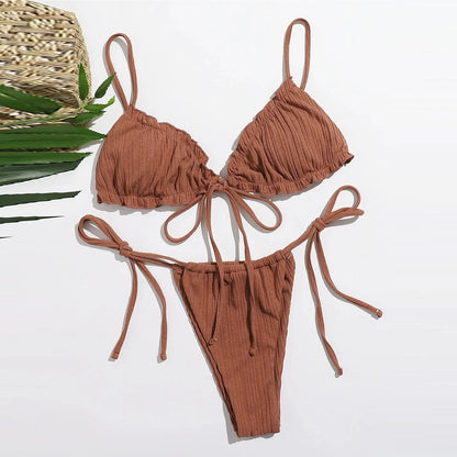 Fashion Woman Summer Bikini Set Solid Color Bandage Stretch Swimsuit 2024 New Swimwear Mini Thong Bikini Female Bathing Suit