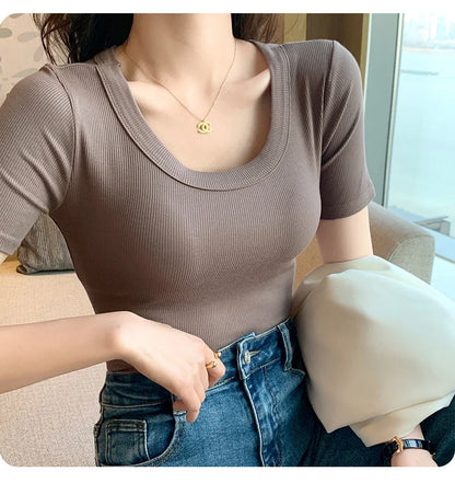 O Neck Knit White Crop Top Women Summer Casual T Shirt Basic Sexy Streetwear Ribber Black Short Sleeve Tops