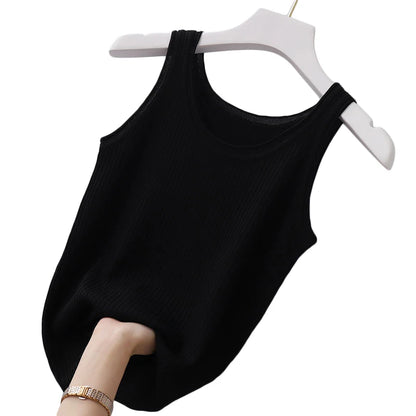 Summer Knit Vest Top sexy Sleeveless O Neck Women Camisole Pure Color Black White t-shirt Solid Color Slim Tank Top Camis Tees