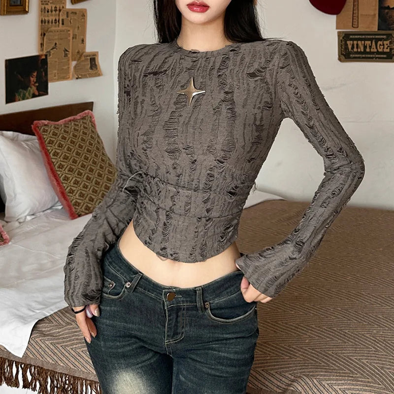 Nibber Vintage Distressed All-match Brown Fashionable Cool Youth Autumn Travel High Street Women Long-sleeved Cropped Mini Top