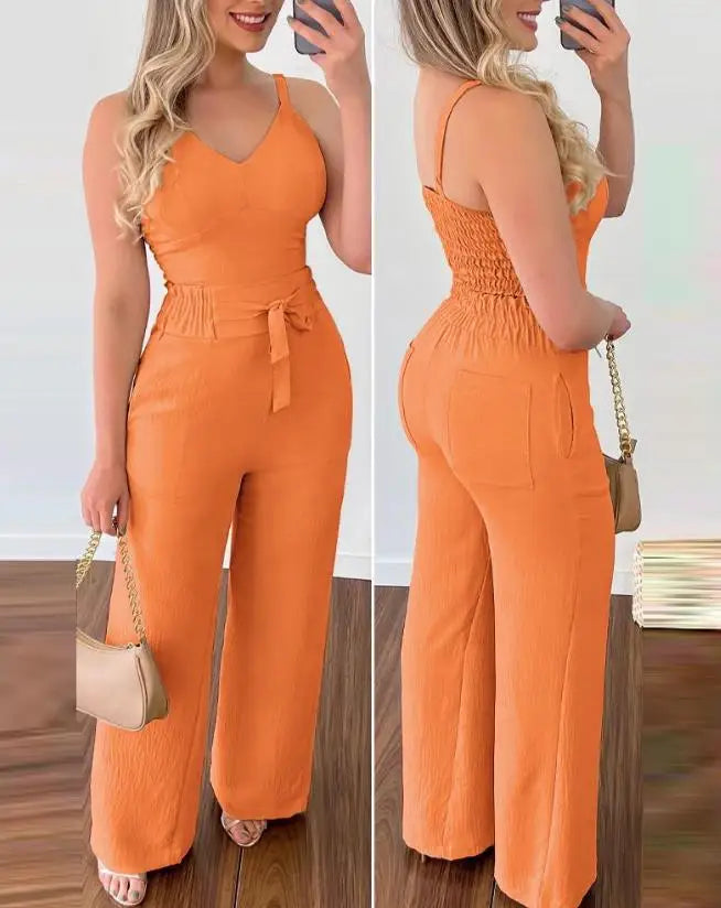 2023 Summer Woman Long Jumpsuits Elegant Sexy V-Neck Shirred Cami Top & High Waist Pants Set New Fashion Casual One Pieces