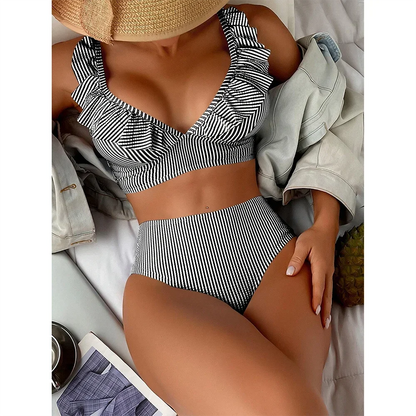 Sexy Striped Ruffle Bikini Swimsuit Women 2024 Two-piece Swimwear High Waisted Bikinis Sets Female Bathing Suit Push Up Monokini