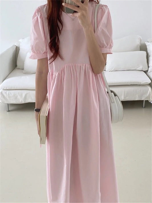 Alien Kitty Vintage Lantern Sleeves Irregular Pleated High Quality 2023 Casual Summer Solid Women All Match Stylish Long Dress