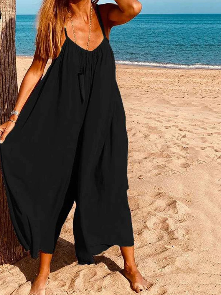 Loose Wide Leg American Jumpsuit Women Suspender Summer New Pockets Pants Casual Strap Female Solid Straight Seaside Clothing