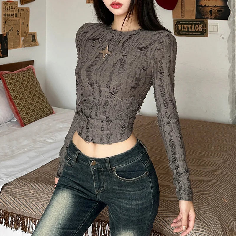 Nibber Vintage Distressed All-match Brown Fashionable Cool Youth Autumn Travel High Street Women Long-sleeved Cropped Mini Top