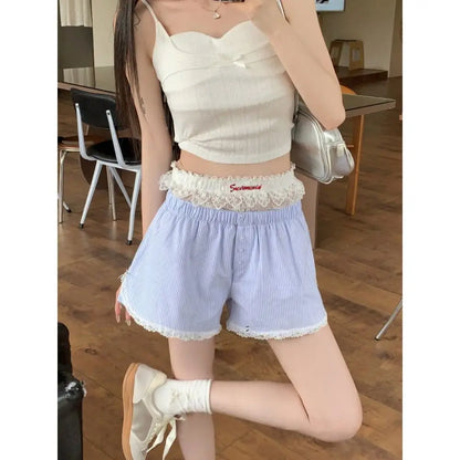 Sexy Cute Summer Striped Shorts Blue Pink Button Elastic Waist Shorts Lolita Lace Leggings For Women Girl