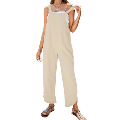 Women Sleeveless Cotton Linen Bib Jumpsuit Baggy Capri Casual Playsuits With Pockets Ribbed Jumpsuit For Women Overall Pants