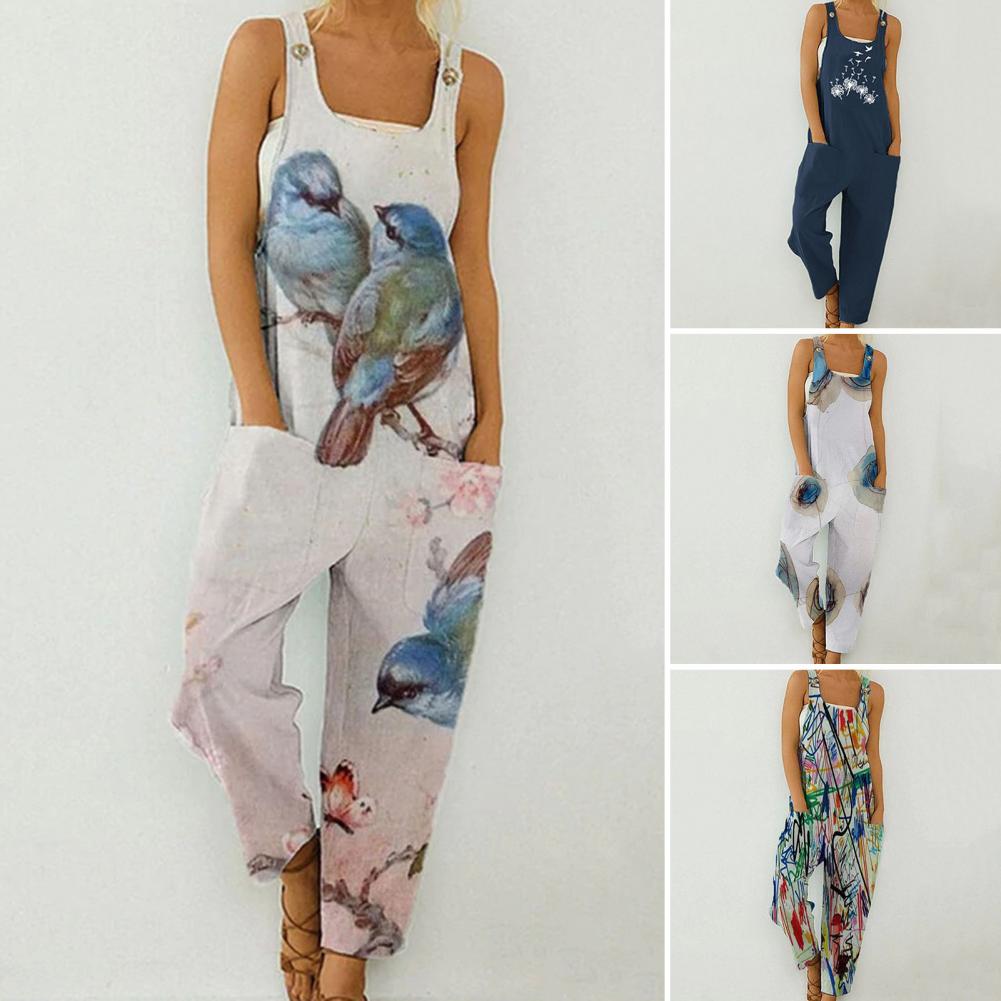 New Women Romper Soft Fabric Easy to Match Square Neck Grafitto Print Sleeveless Lady Jumpsuit Women Clothes