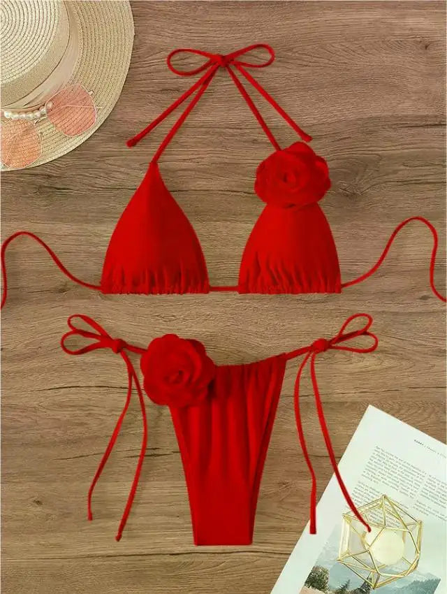 S - L Sexy 3D Flowers Halter Strappy Bikini Women Swimwear Female Swimsuit Two-pieces Bikini Set Bather Bathing Suit Swim