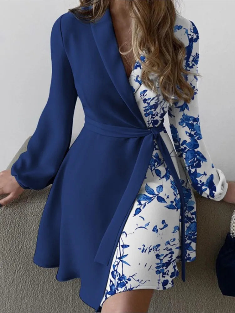 Fashion Floral Print Colorblock Tied Detail Work Dress For Women 2023 Autumn Long Sleeve V Neck Elegant Dresses Robe Femme