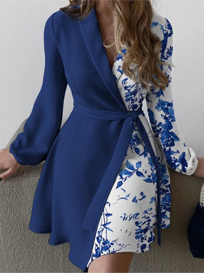 Fashion Floral Print Colorblock Tied Detail Work Dress For Women 2023 Autumn Long Sleeve V Neck Elegant Dresses Robe Femme