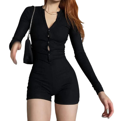 Women Long Sleeve Shorts Jumpsuit Spring Autumn Clothes y2k Solid Color Casual Button Bodysuit Woman Clothing Clubwear