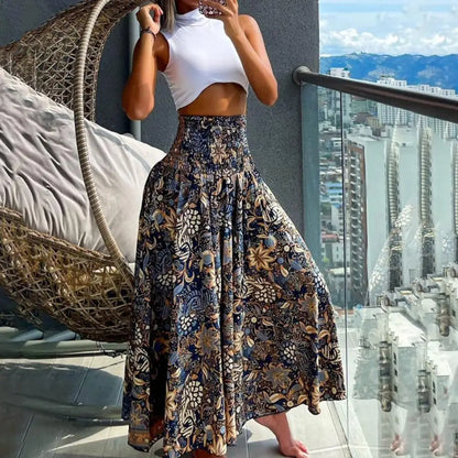 Women Maxi Skirt High Waist Wide Elastic Waist A-Line Retro Printed Skirt Summer Loose Fit Long Skirt Streetwear Платье Maxi