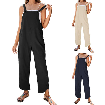 Women Sleeveless Cotton Linen Bib Jumpsuit Baggy Capri Casual Playsuits With Pockets Ribbed Jumpsuit For Women Overall Pants