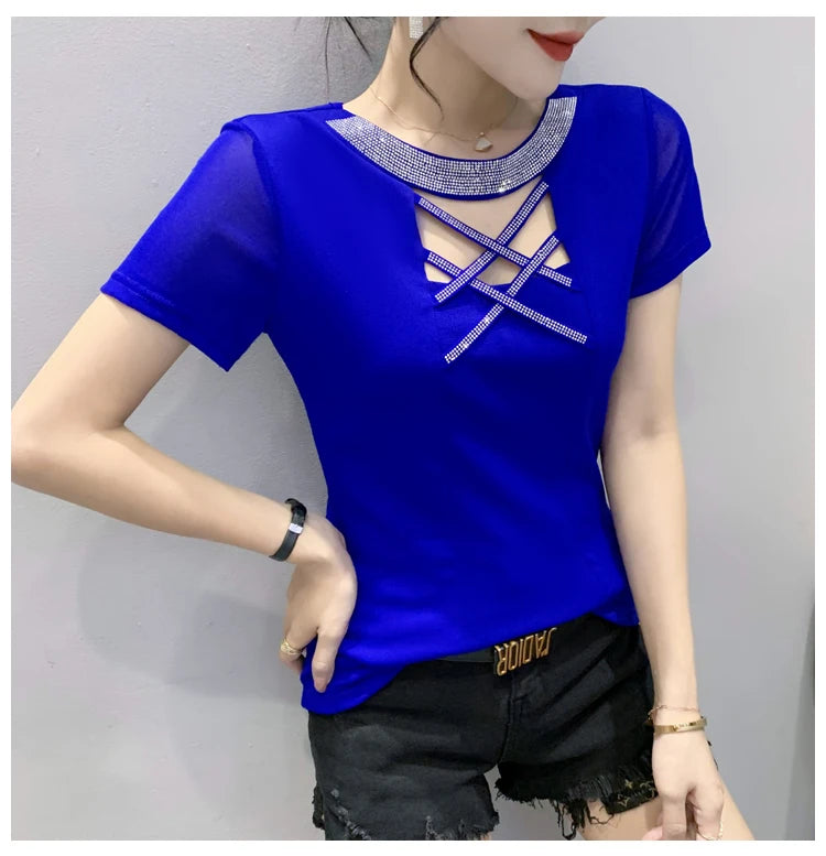 Girls Fake Diamonds O Neck T Shirts Crossed Hollow Out Summer Mesh Tops Lady Stretchy Slim Short Sleeve Chic Tshirt BH5067