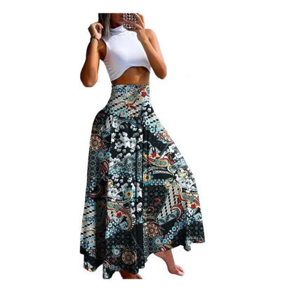 Women Maxi Skirt High Waist Wide Elastic Waist A-Line Retro Printed Skirt Summer Loose Fit Long Skirt Streetwear Платье Maxi