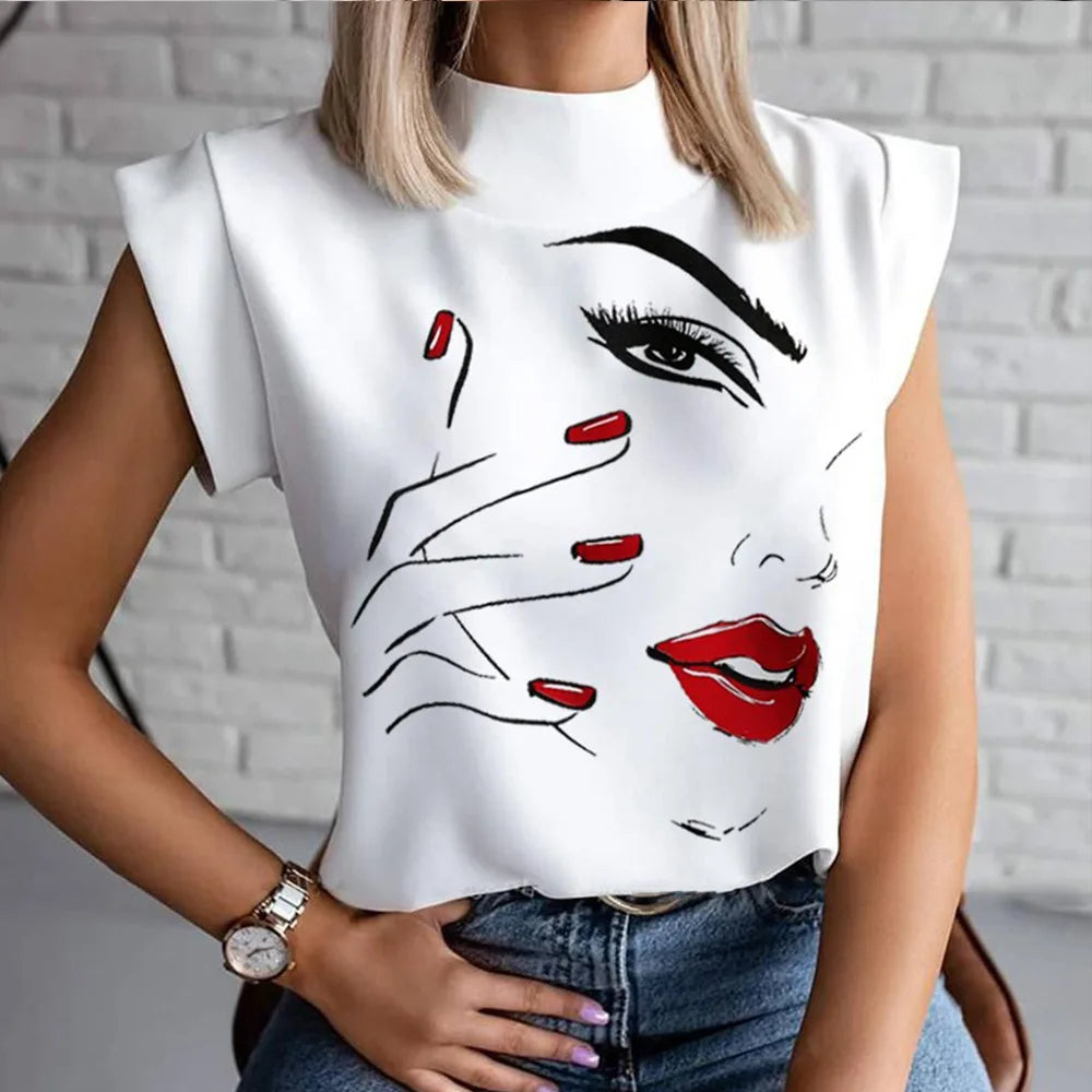 Fashion Women Elegant Lips Print Tops and Blouse Shirts 2024 Summer Ladies Office Casual Stand Neck Pullovers Eye Blusa Tops