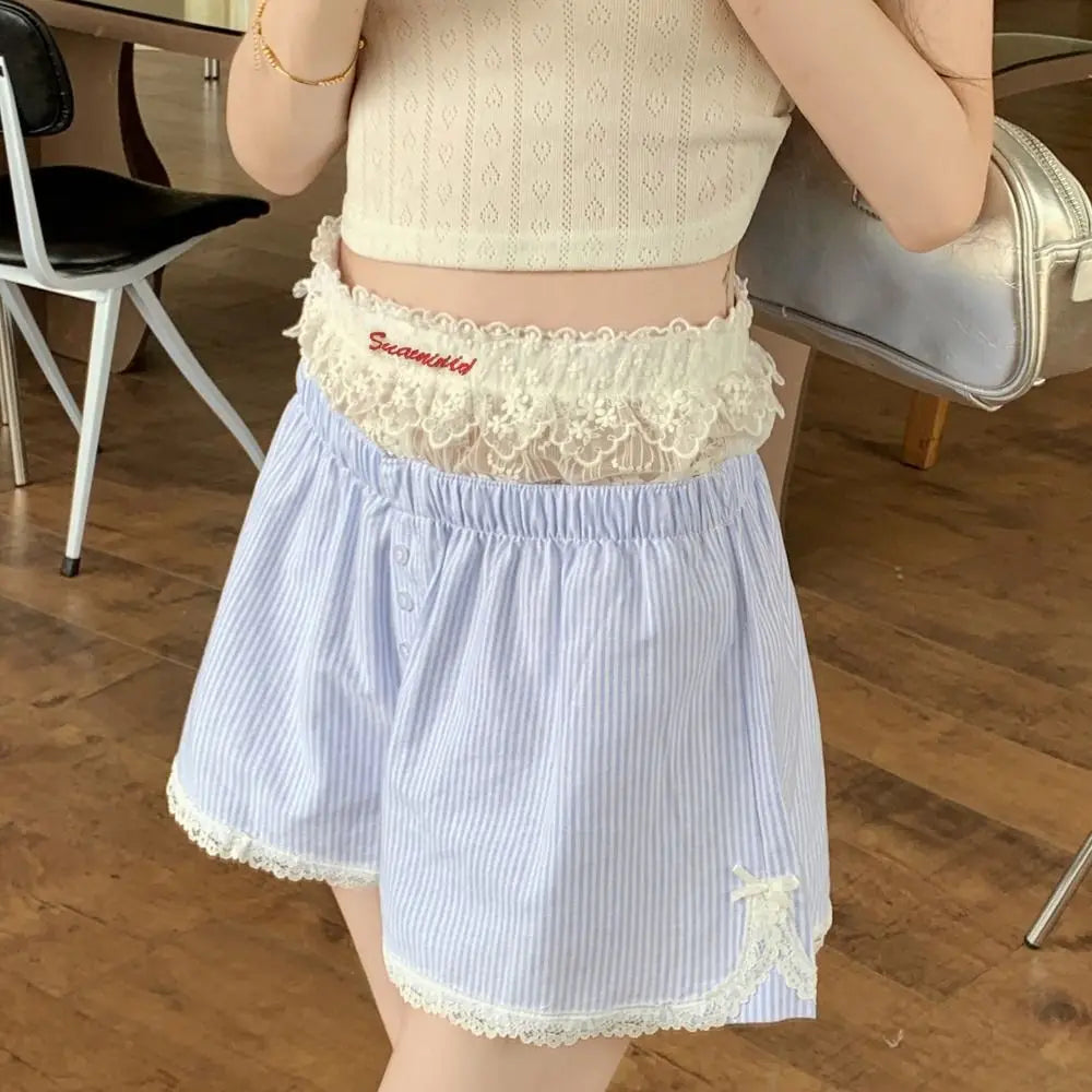 Sexy Cute Summer Striped Shorts Blue Pink Button Elastic Waist Shorts Lolita Lace Leggings For Women Girl